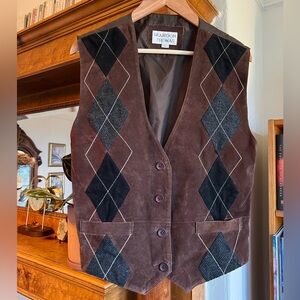 VTG Brandon Thomas brown/black suede and gray wool argyle vest
